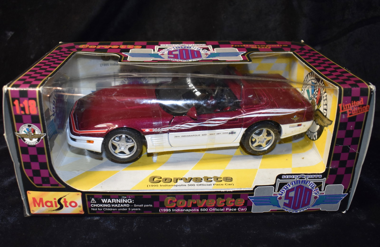 Vintage 1995 Corvette Indianapolis 500 Offical Pace Car 1:24 Scale by Maisto: Vintage 1995 Corvette Indianapolis 500 Offical Pace Car 1:24 Scale by Maisto. New in the box from 1995.