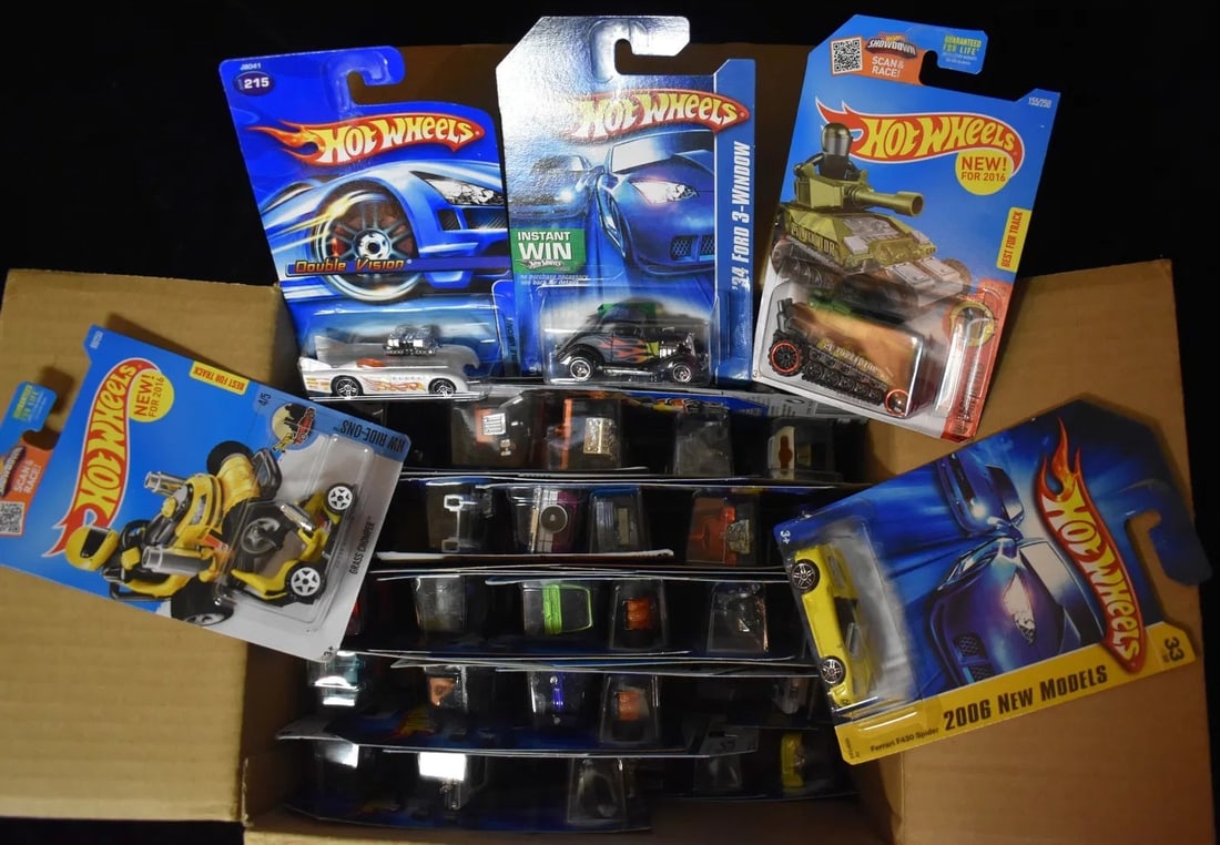 Mattel Hot Wheels Assortment contains 72 cars: Mattel Hot Wheels Assortment contains 72 cars. All cars are brand new and in their original card. The cars in the box probably don't match the numbers on the outside of the box. We made sure the numbe