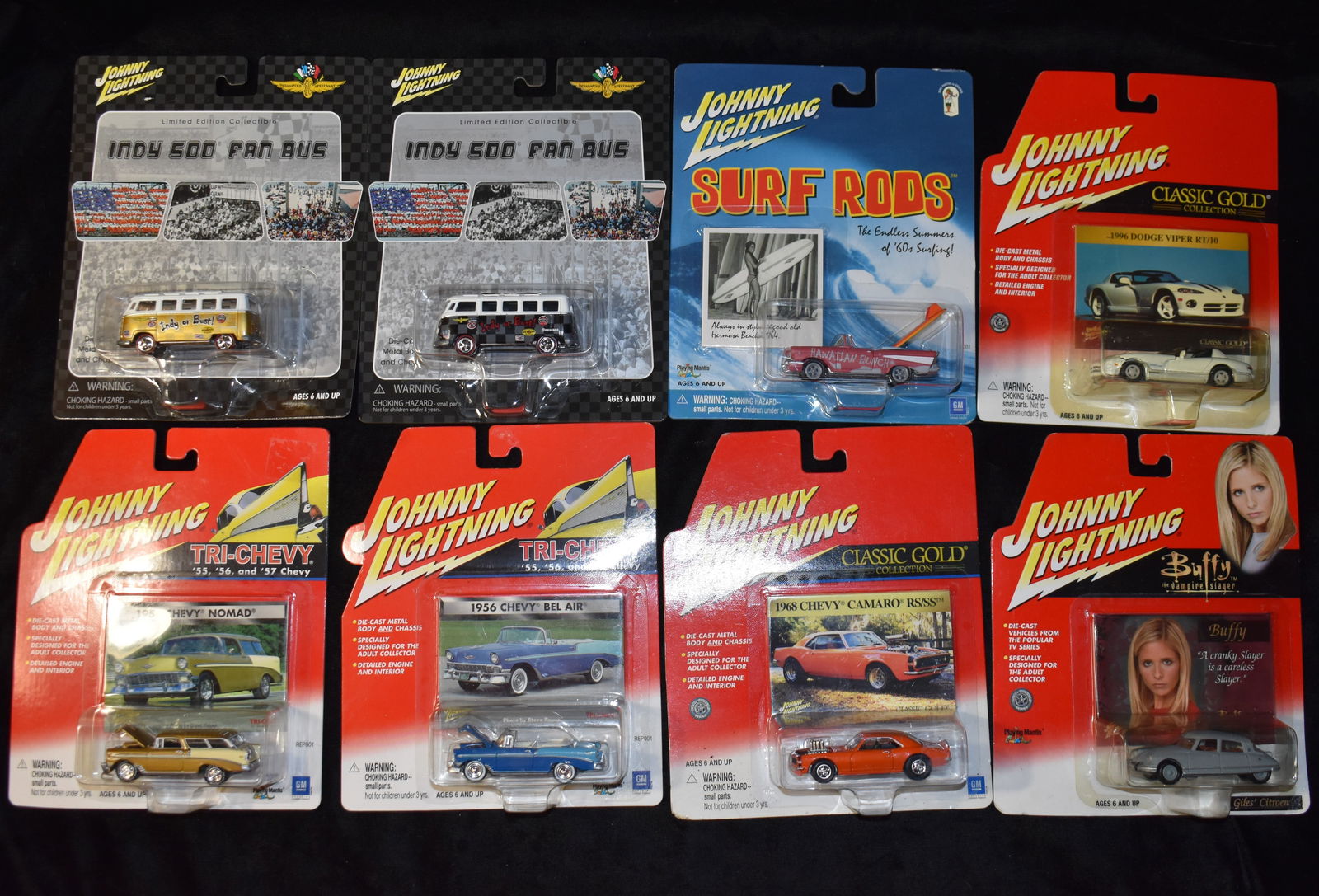 8 Vintage Johnny Lightning 1:64 Scale Diecast Cars - Buffy, Indy 500 Fan Bus, Tri-Chevy, Surf Rods & (1 of 3)