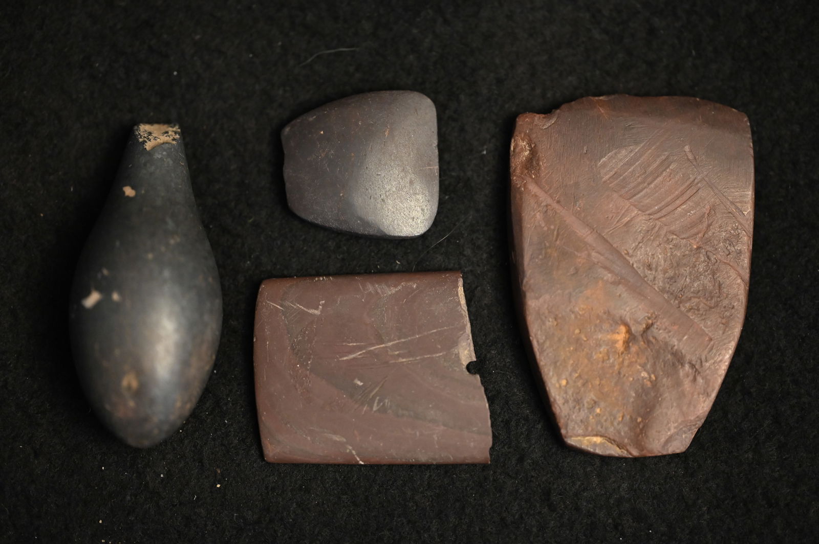 4 Hematite Artifacts Found in Pike Co. Illinois 2 3/4" longest.  Includes 2 Celts a damaged Gorget & (1 of 7)