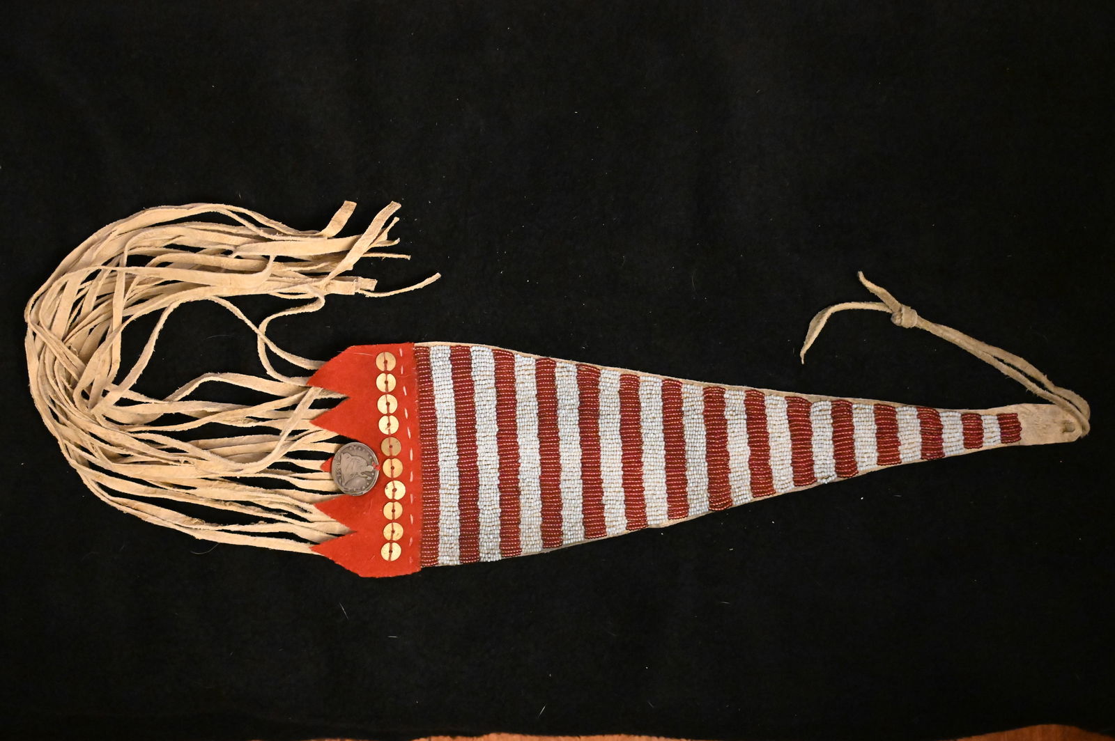 Beaded & Coined Leather Tomahawk Drop.: Beaded & Coined Leather Tomahawk Drop.