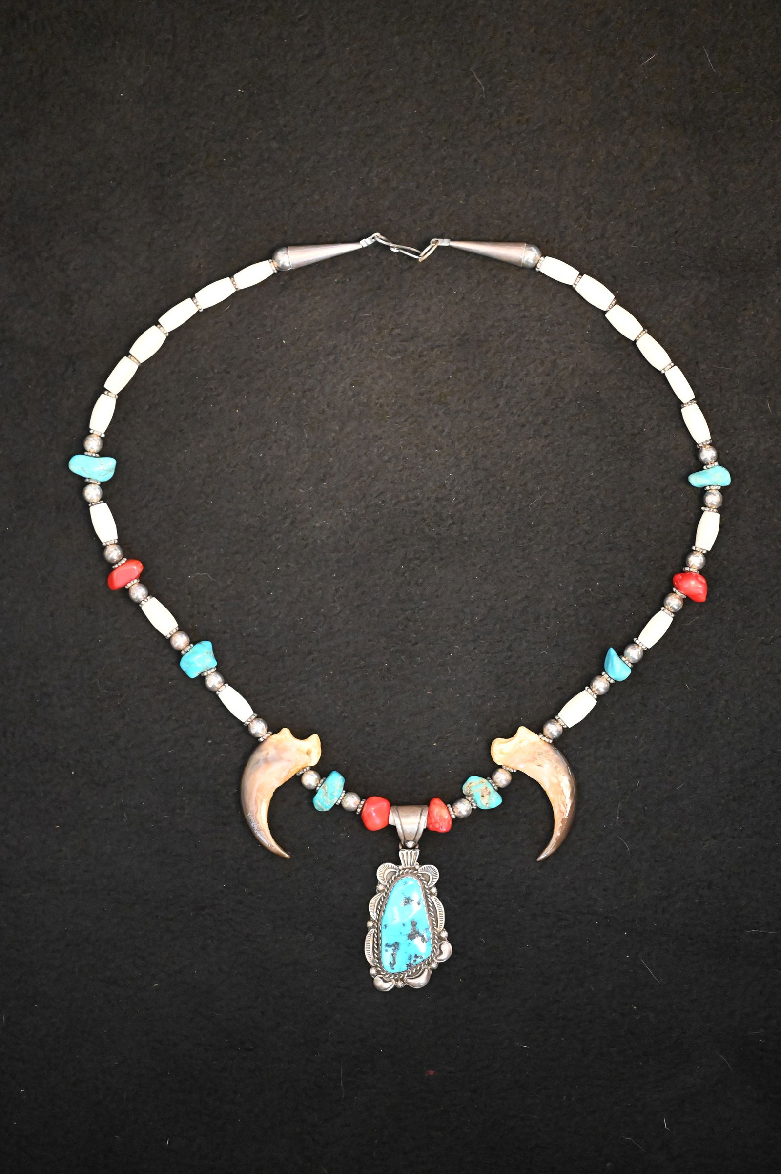 Navajo Bear Claw Necklace Sterling Silver Turquoise Pendant Marked S. TOS.  Turquoise, Red Coral, (1 of 9)