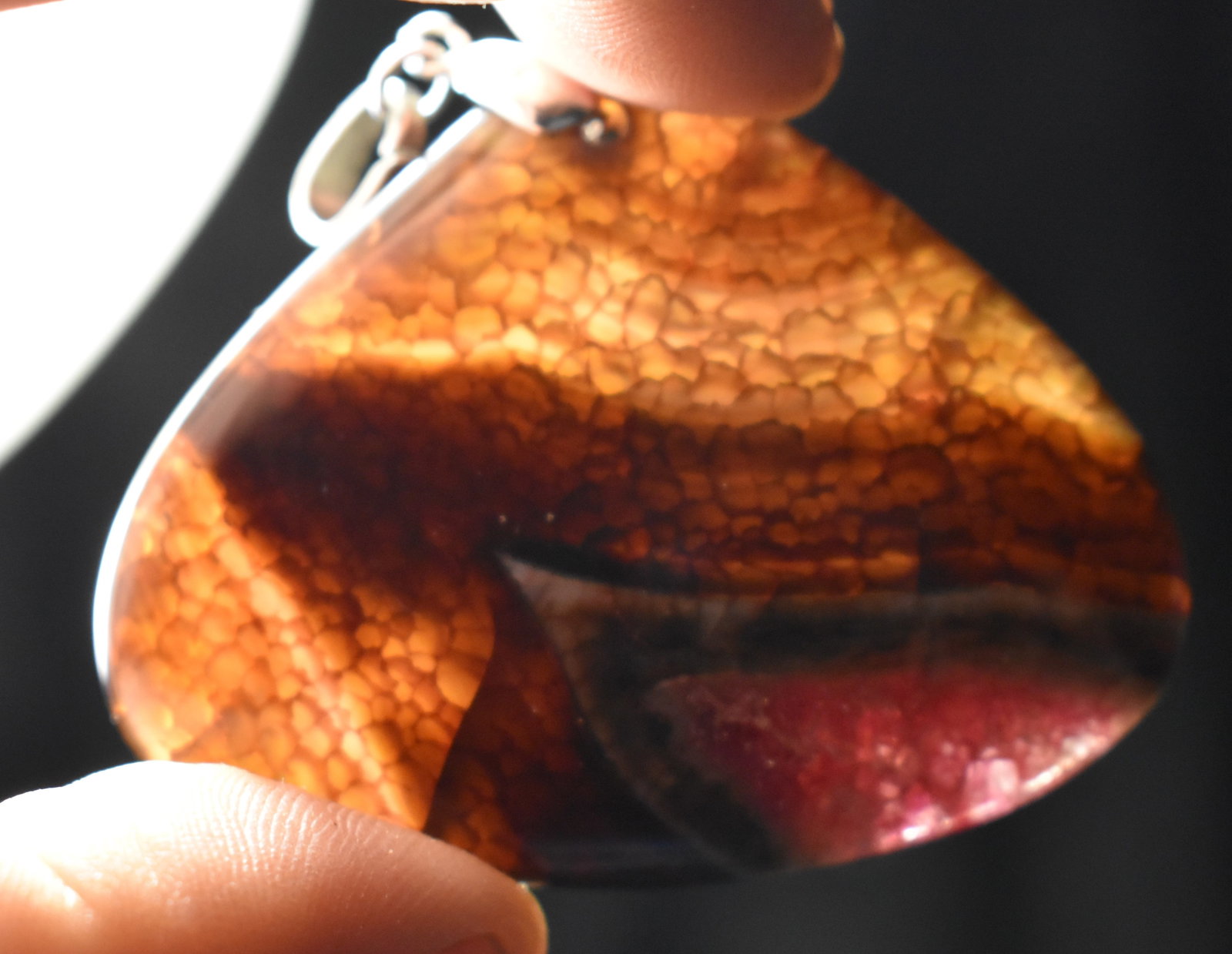 Finely Crafted & Polished Agate Pendant: Finely Crafted & Polished Agate Pendant. Measures 2 3/8" by 1 7/8" by a little over 1/8" thick.