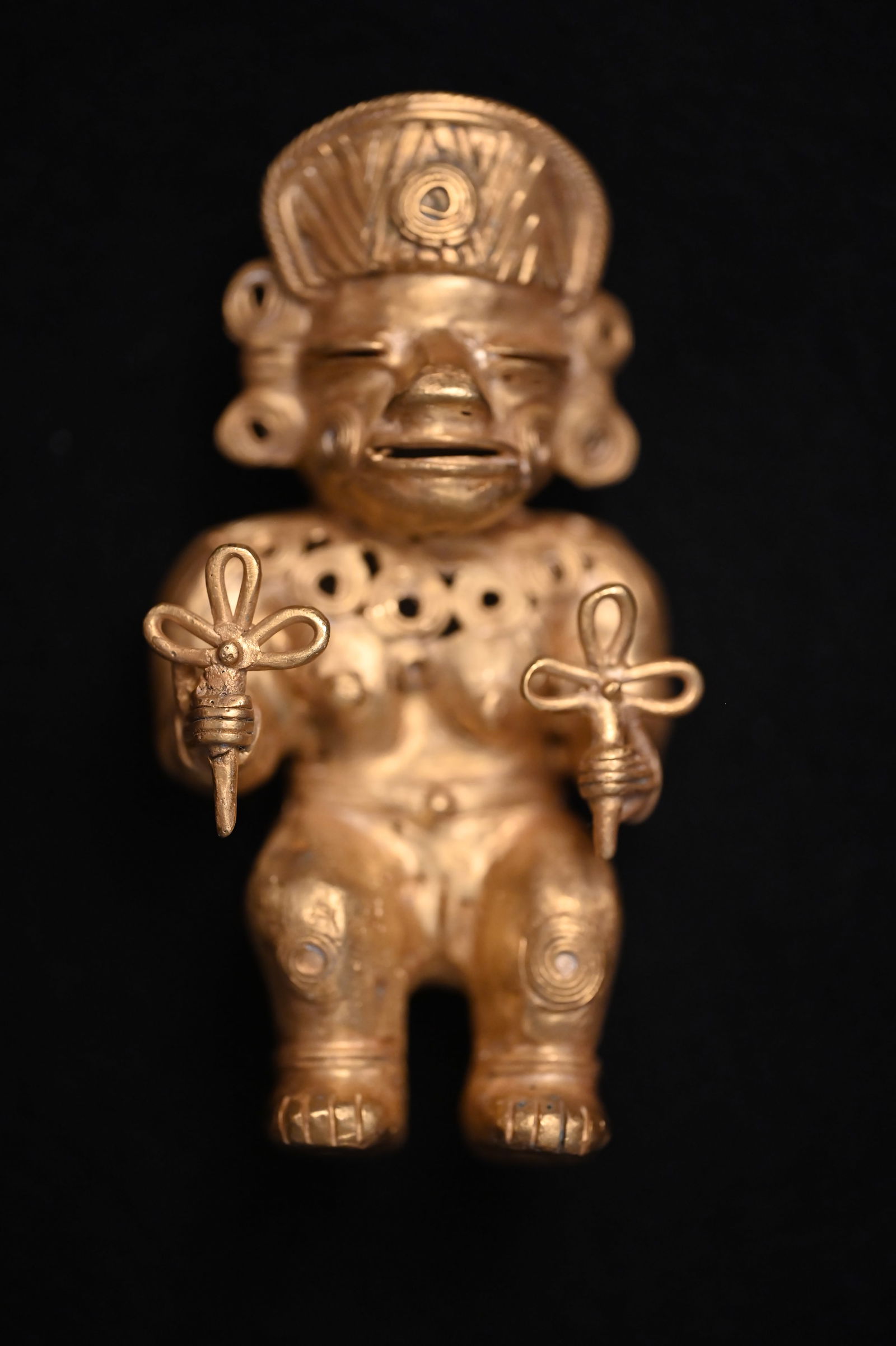 4 1/4" Tairona Tumbaga South American Male Healer. Made of an alloy of Gold, Silver, & Copper.: 4 1/4" Tairona Tumbaga South American Male Healer. Made of an alloy of Gold, Silver, & Copper.