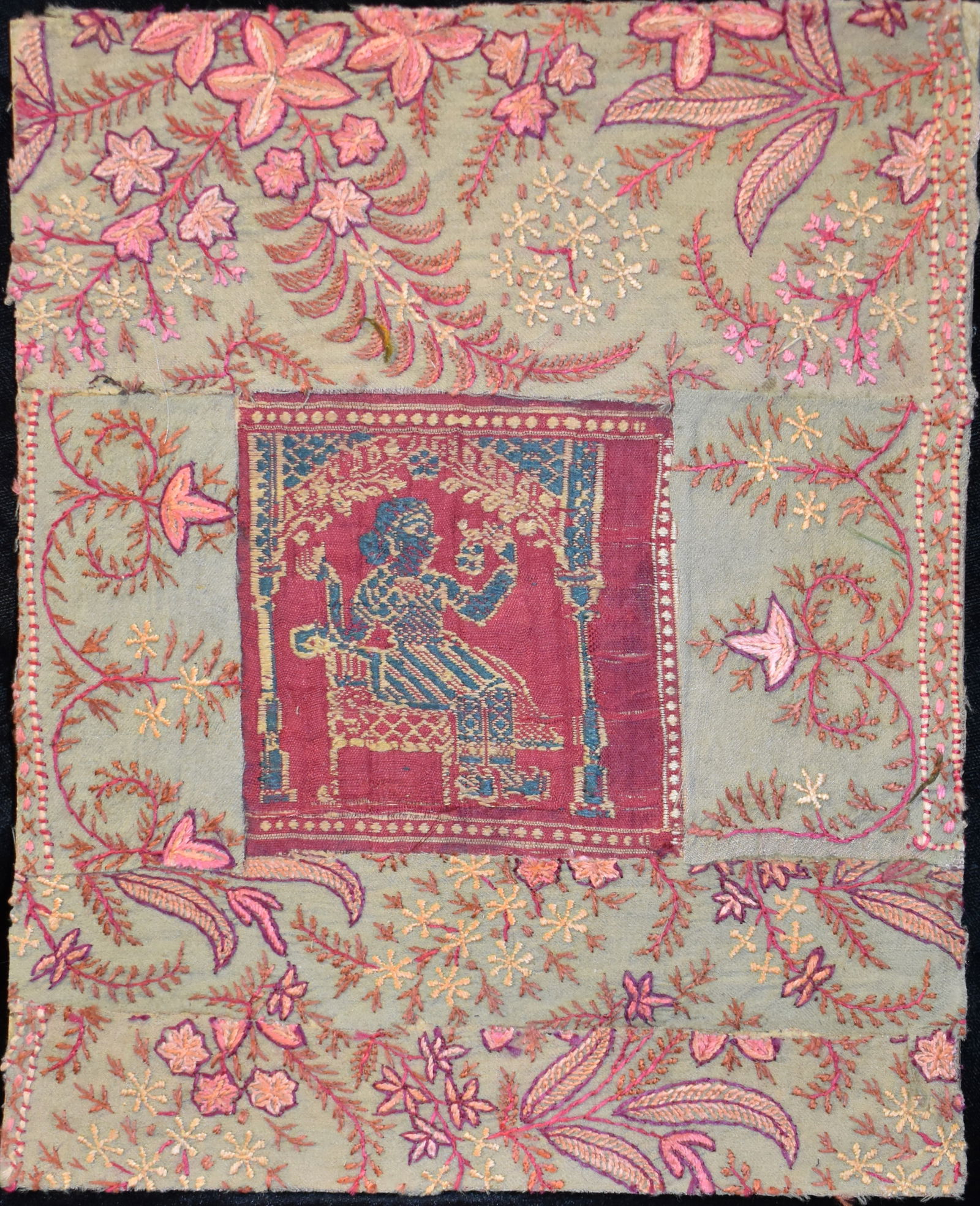 200 Year Old Pakistani (Mughal) Textile - Embroidered Seated Noble Woman or Deity (1 of 3)