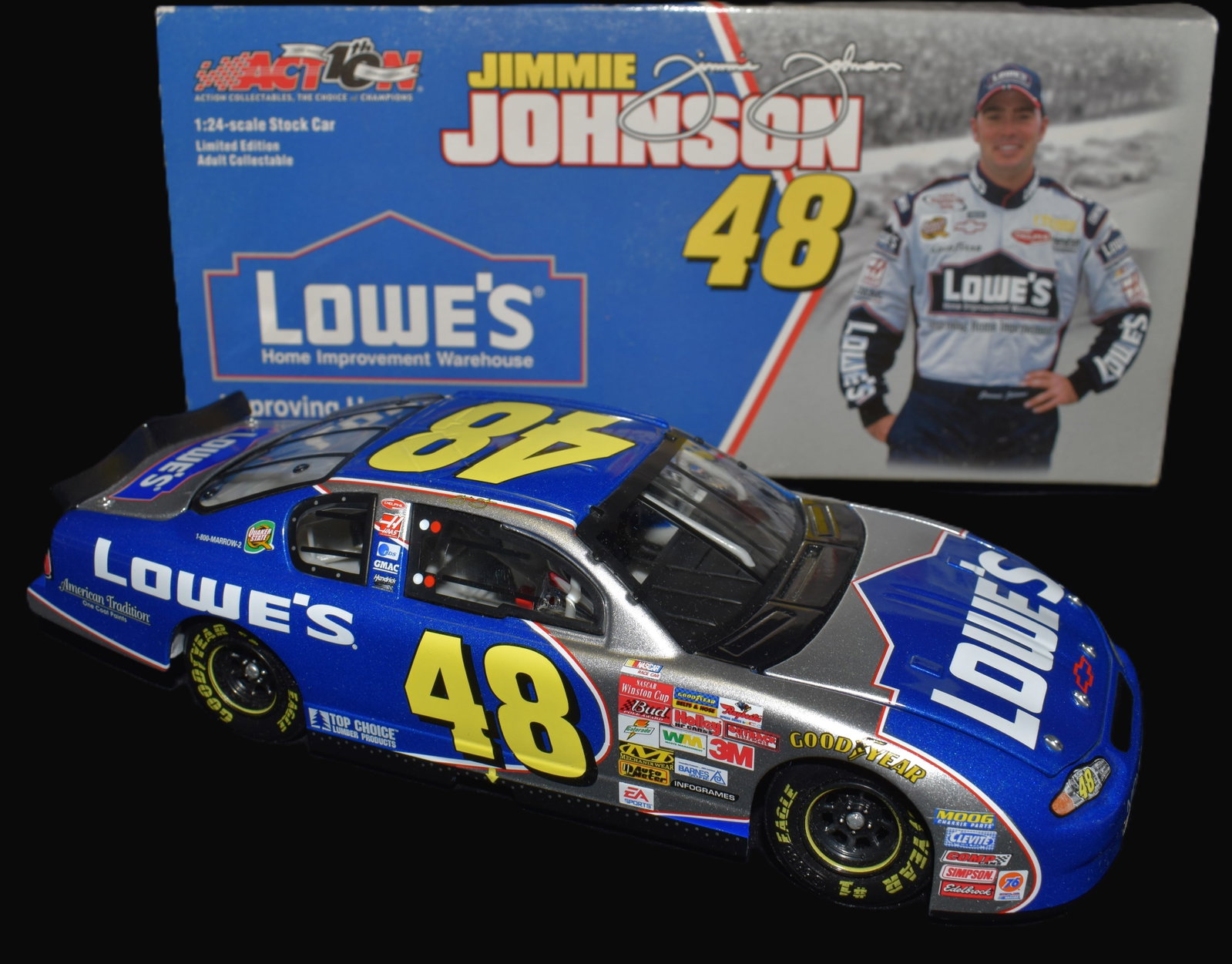 2002 Jimmy Johnson #48 Lowe's Monte Carlo 1:24 Scale by Action Racing: 2002 Jimmy Johnson #48 Lowe's Monte Carlo 1:24 Scale by Action Racing Diecast Car. New or like new condition with its original box.