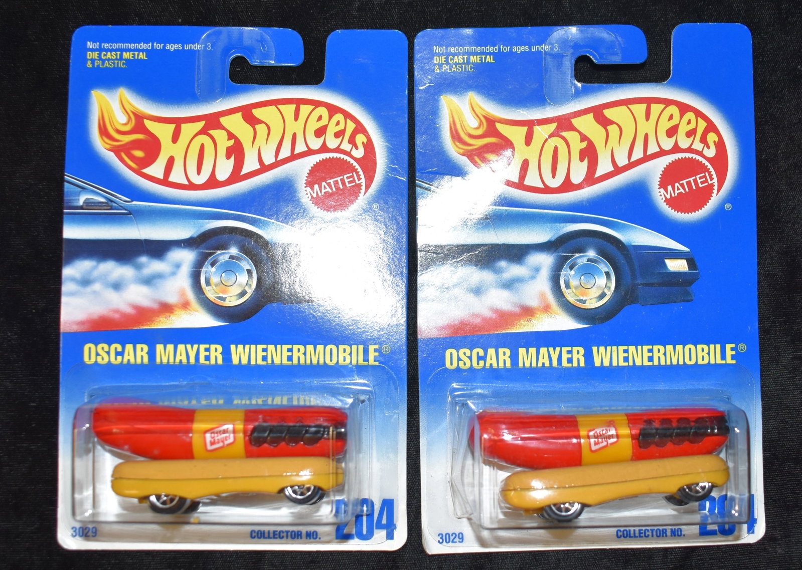 Two 1991 Hot Wheels #204 Oscar Mayer Wienermobile 1:64 Scale Diecast Cars: Two Hot Wheels #204 Oscar Mayer Wienermobile 1:64 Scale Diecast Cars. New in the package from 1991.