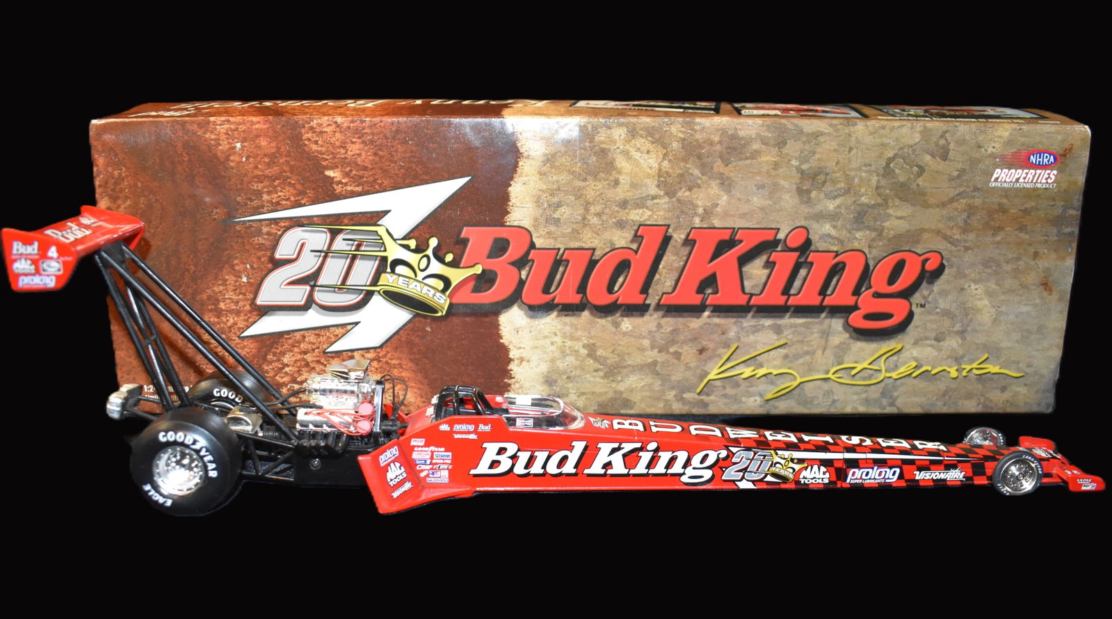 1999 Kenny Bernstein Budweiser 20th Anniversary Top Fuel Dragster 1:24 Scale: 1999 Kenny Bernstein Budweiser 20th Anniversary Top Fuel Dragster 1:24 Scale. Like new condition from the late Tim Harshman collection.