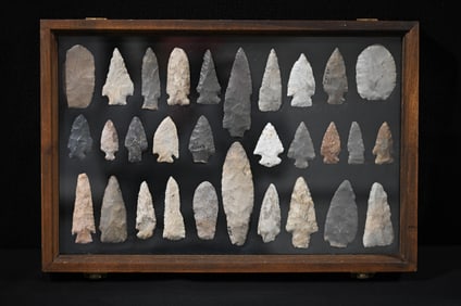 30 Arrowheads Found in Illinois & Indiana Longest 5". The 12" x 18"  Oak Frame is included.