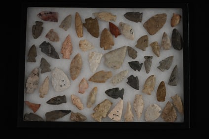 Frame of 54 Arrowheads Found in Illinois & Indiana Longest 2 3/4".  12" x 16" Frame included.