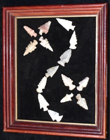 Frame of 15 Scallorn Arrowheads found in Lincoln County, Missouri