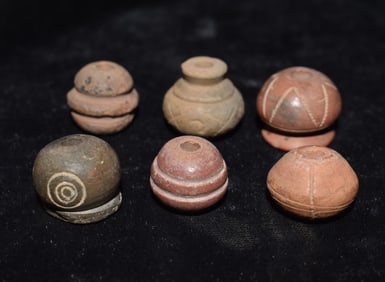 6 Engraved Pre-Columbian Spindle Whorl Beads