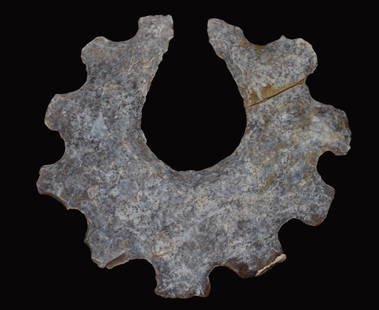 3" Pre-Columbian Mayan Chalchedony Effigy Nose Ring: 3" Pre-Columbian Mayan Chalchedony Effigy Nose Ring. Has been broken and glued in one spot as shown in photos. A nice example of this form of stone artistry.