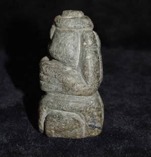 Pre-Columbian Mayan Stone Idol - 3": Pre-Columbian Mayan Stone Idol. Detailed stone carving of a Native American seated with hands over face. Perhaps a symbol of prayer to a deity.