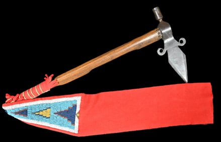 Hand Forged Brass Spontoon Pipe Tomahawk w/Beaded Drop. Rare type of Shoshone or Arapaho 25" Pipe