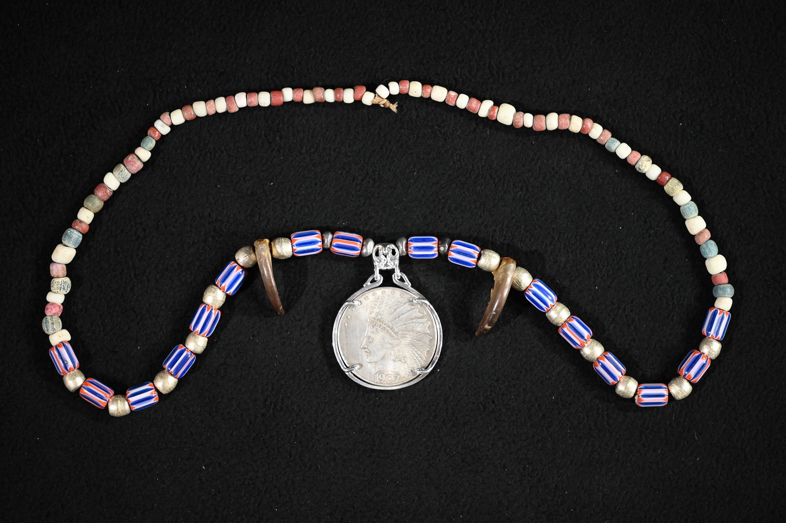 Chevron Bead & Bear Claw Necklace with 1907 Coin Pendant. (1 of 7)