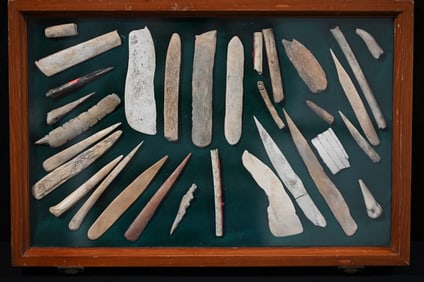 Frame of 30 Bone Artifacts Found in Central Missouri 6 1/2" Longest.