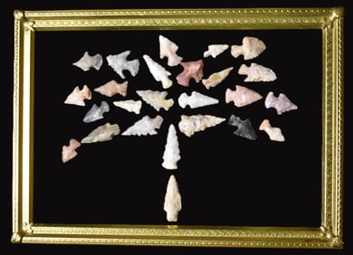 Frame of 25+ Scallorn & Sequoia Arrowheads found in Lincoln County, Missouri