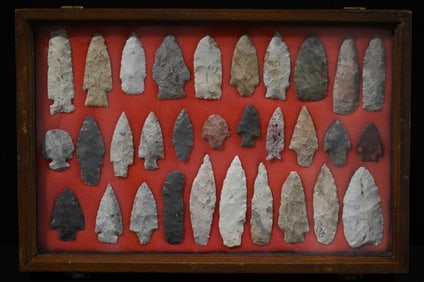 Frame of 31 Arrowheads 4 1/4" Longest Found in Missouri & Illinois. Point Types included are