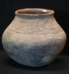 7" Pueblo Native American Solid Pottery Jar. 8" Wide Corrugated Vessel with decorative designs