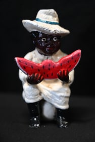 Black Americana Cast Iron Boy Eating Watermelon Sitting on a Chamber Pot Coin Bank 5 " Tall.