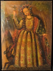 RARE 18th to 19th Century Cusco Painting "Saint Marta (Martha) with Tarasque "
