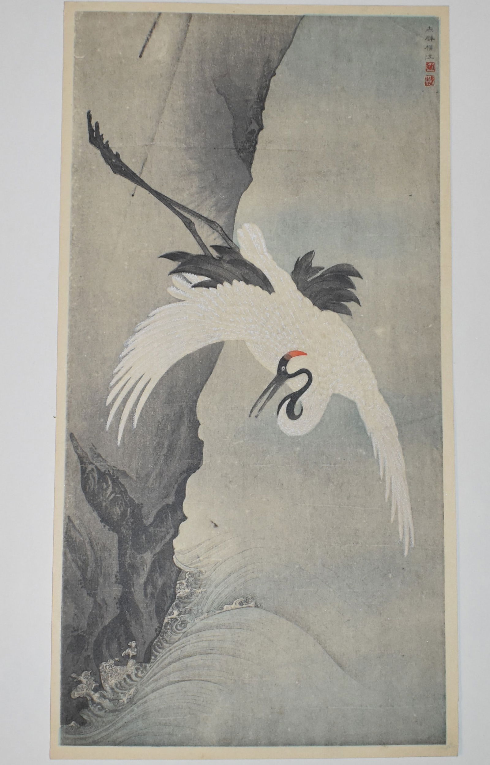 Crane Flying Across the Mountains by Wen Cheng - Early 20th Century Japanese Woodblock Print: Crane Flying Across the Mountains by Wen Cheng - Early 20th Century Japanese Woodblock Print. Very good condition for its age. From the Chuck and Eileen Hoffman Collection. Meiji period Nishiki-e (??)