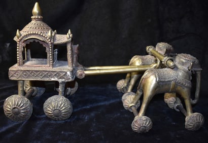 19th to Early 20th Century Hindu Temple Toy - Brass Carriage Pulled by Elephants