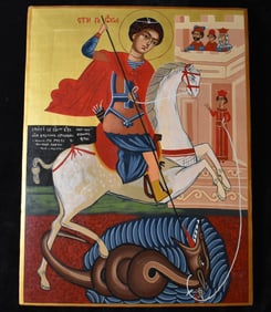 Saint George Slaying the Dragon Icon - Hand Painted Bulgarian Oil on Wood