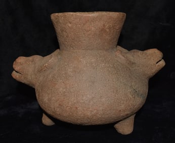 Pre-Columbian Mayan 2 Headed Zoomorphic Tripod Pottery Vessel