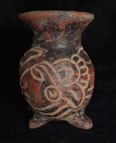 Pre-Columbian Mayan Miniature Incised Tripod Pottery Vessel - The Hero Twins