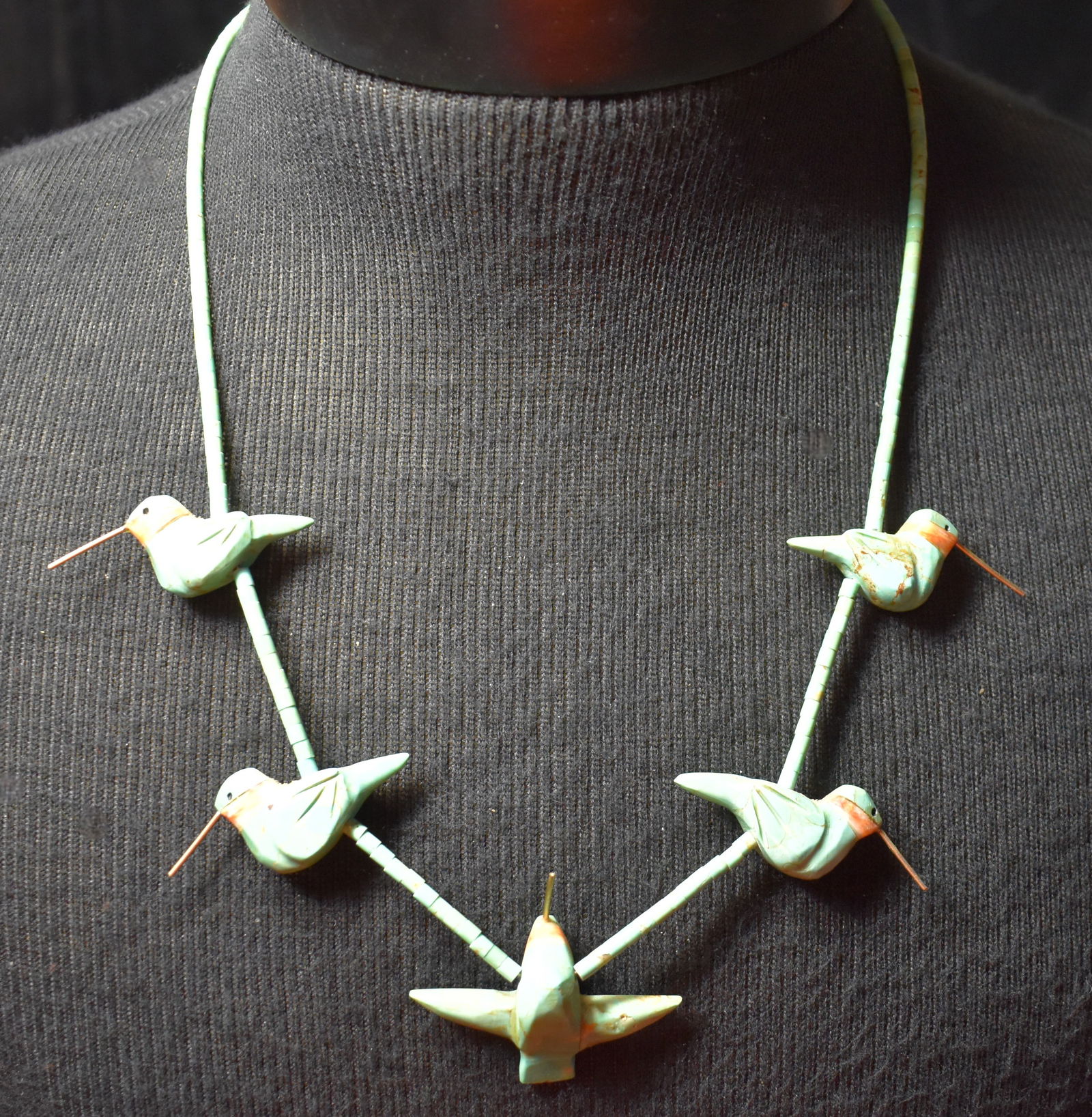 Beautiful 24" Turquoise Hummingbird Fetish Necklace with Turquoise Beads: Beautiful Turquoise Hummingbird Fetish Necklace with Turquoise Beads. Measures 24" approximately. Finely crafted necklace. Made by the famous Anglo Carver Matt Mitchell.