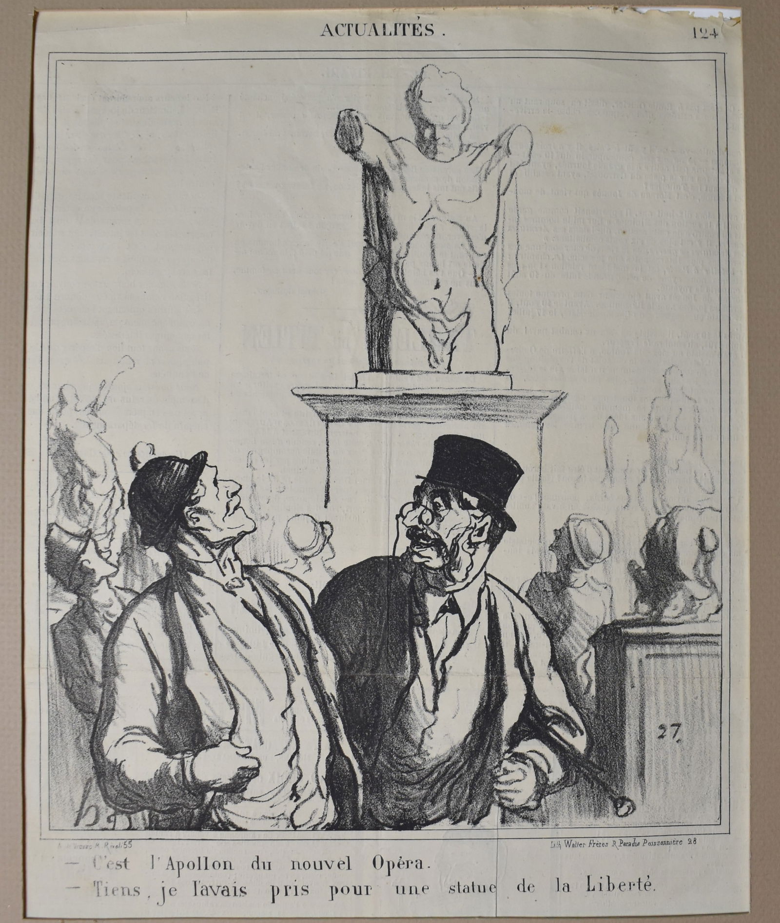 1800's Lithograph by Daumier - French Political Satire - "It is the Apollo of the New Opera": Honore Daumier, the renowned French caricaturist, painter, and sculptor, was prominently associated with the French newspaper "Le Charivari". This lithograph was created in 1870 by Daumier. His satiri
