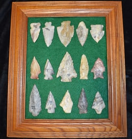 Frame of 15 Arrowheads Found by Tony Rickerson in Pulaski County, Missouri