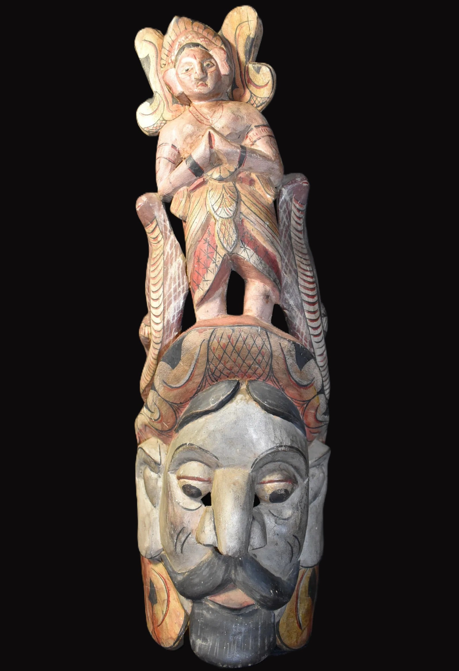 Vintage Elaborate Sri Lankan Nagapooshani Naga Mask - Mid Century: Nagapooshani is a revered deity in Sri Lankan and South Indian Hindu traditions. She is often associated with the snake, particularly the cobra, and symbolizes protection, fertility, and power. Nagapo