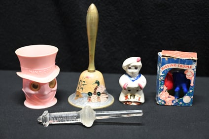 Group of Vintage Antiques includes Jiminy Cricket 1970's drinking cup, Kissing Couple cake toppers,