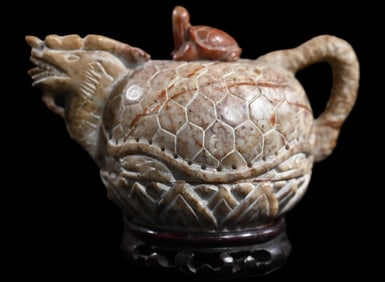 Vintage Hand Carved Chinese Stone Teapot Dragon Figure with a Turtle Stopper. Comes with a Wood