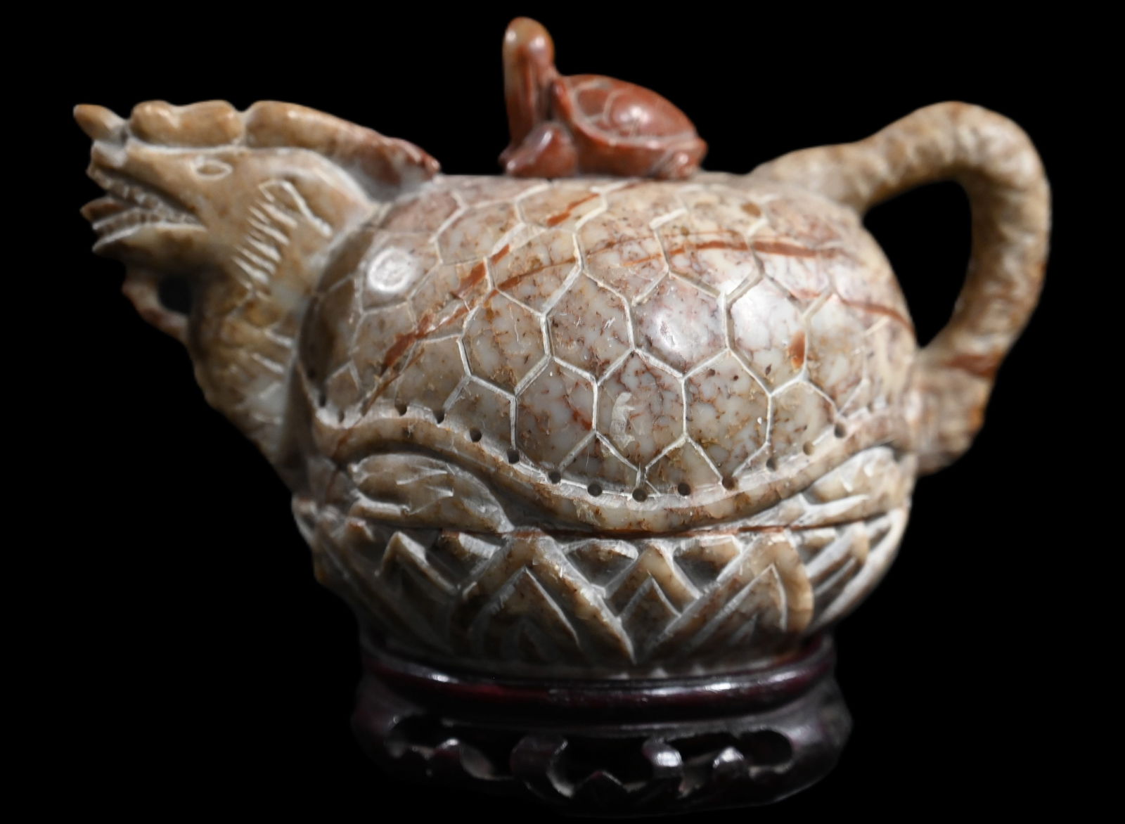 Vintage Hand Carved Chinese Stone Teapot Dragon Figure with a Turtle Stopper.  Comes with a Wood (1 of 8)