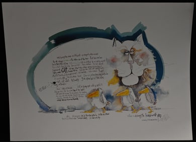 Large 1977 Signed Don Nedobeck Cat Watercolor 17 1/2" x 23 1/4".