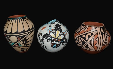 3 Miniature Hand Painted Pueblo Pots by S. Jemez, J. S. Chinana Jemez & Lom Begay