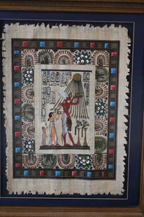 Hand Painted Papyrus Depicting the Ancient Egyptian Pharaoh Akhenaten offering to The Sun God Aten.: Hand Painted Papyrus Depicting the Ancient Egyptian Pharaoh Akhenaten offering to The Sun God Aten. Akhenaten, also known as Amenhotep IV, ruled during the 18th Dynasty and is known for his religious
