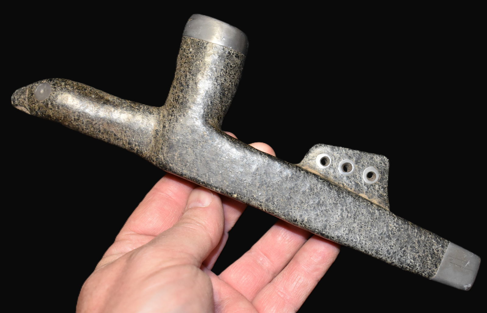 9 1/4" Zoomorphic Steatite Lead Inlaid Pipe Made by Donnie Lemons - 1970's Vintage Stone Pipe (1 of 7)