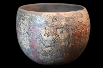 Mayan Painted Warrior 5 1/2" Pottery Vessel 7 1/2" Wide.