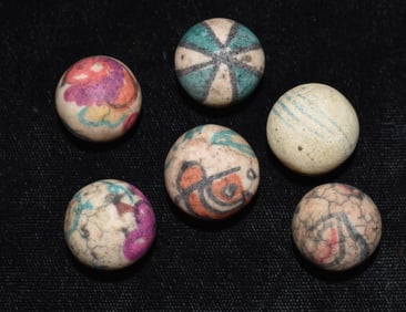 6 Hand Painted China Marbles 5/8" - Victorian Era 1800's to early 1900's