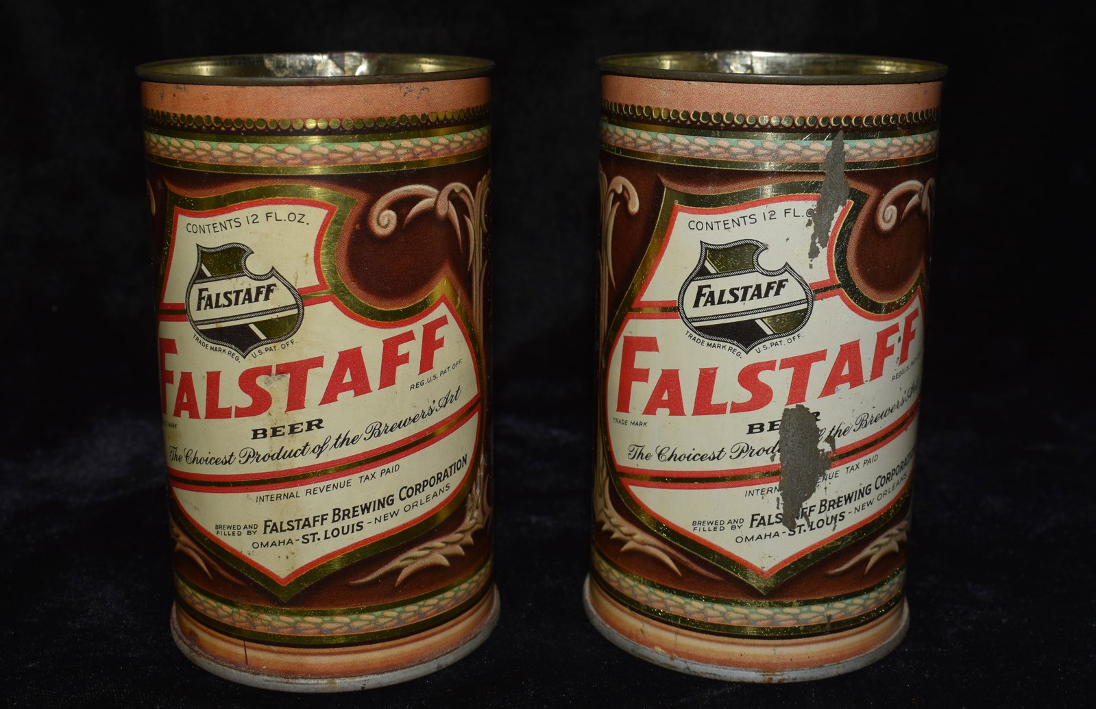 Two 1940's FALSTAFF Beer Can Handled Mugs: Two 1940's FALSTAFF Beer Can Handled Mugs. Minor blemishing. Metal has a tarnish/patina from age. Measure 4 1/2" Tall.