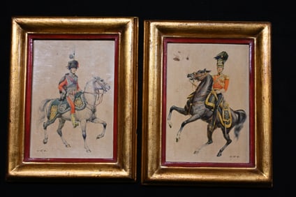 2 Vintage Military Horseback Soldiers in 6" x 7 1/2" Frames.