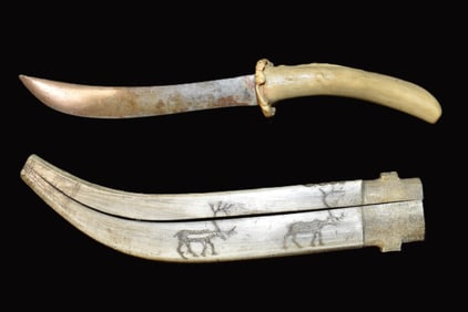 Sami Laplander Horn/Bone Sheath & Knife - Highly Engraved Handle & Hand Forged Blade w/ Antler