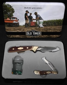 Old Timer 2 Knife & Shot glass Set in a Collectible Tin.