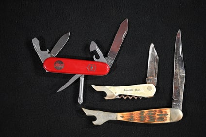 3 Vintage Pocket Knives includes Kern Swiss Army Knife, NCCO Bottle Opener Knife, and Brown Bilt