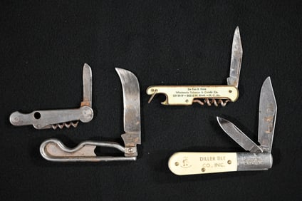 4 Vintage Pocket Knives. Includes Barlow Diller Tile Pocket Knife, Wire Jack, The Little Tourista,